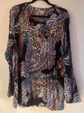 Chico's Black Paisley & Leopard Print Long Sleeve Top with Purple Accents